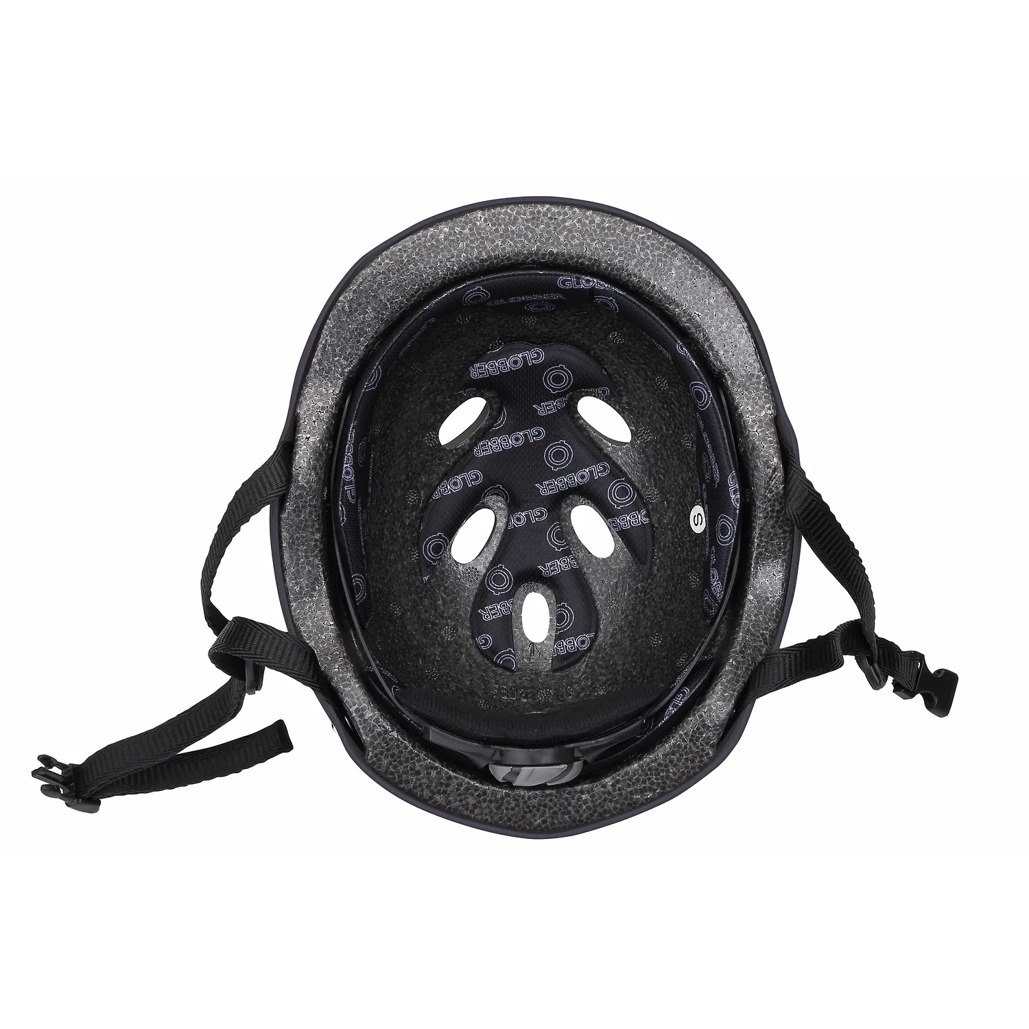 Innenansicht: Schwarzer Globber Helm Adult, Größe L, mit Polsterung und Belüftungsöffnungen.