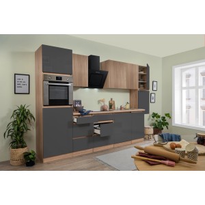 Respekta Premium Küchenzeile, 330cm, Grau/Eiche sägerau, grifflos, mit E-Geräten.