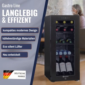 Schwarzer Sommertal Kühlschrank GK 60 mit Glastür und Weinflaschen im Innenraum.