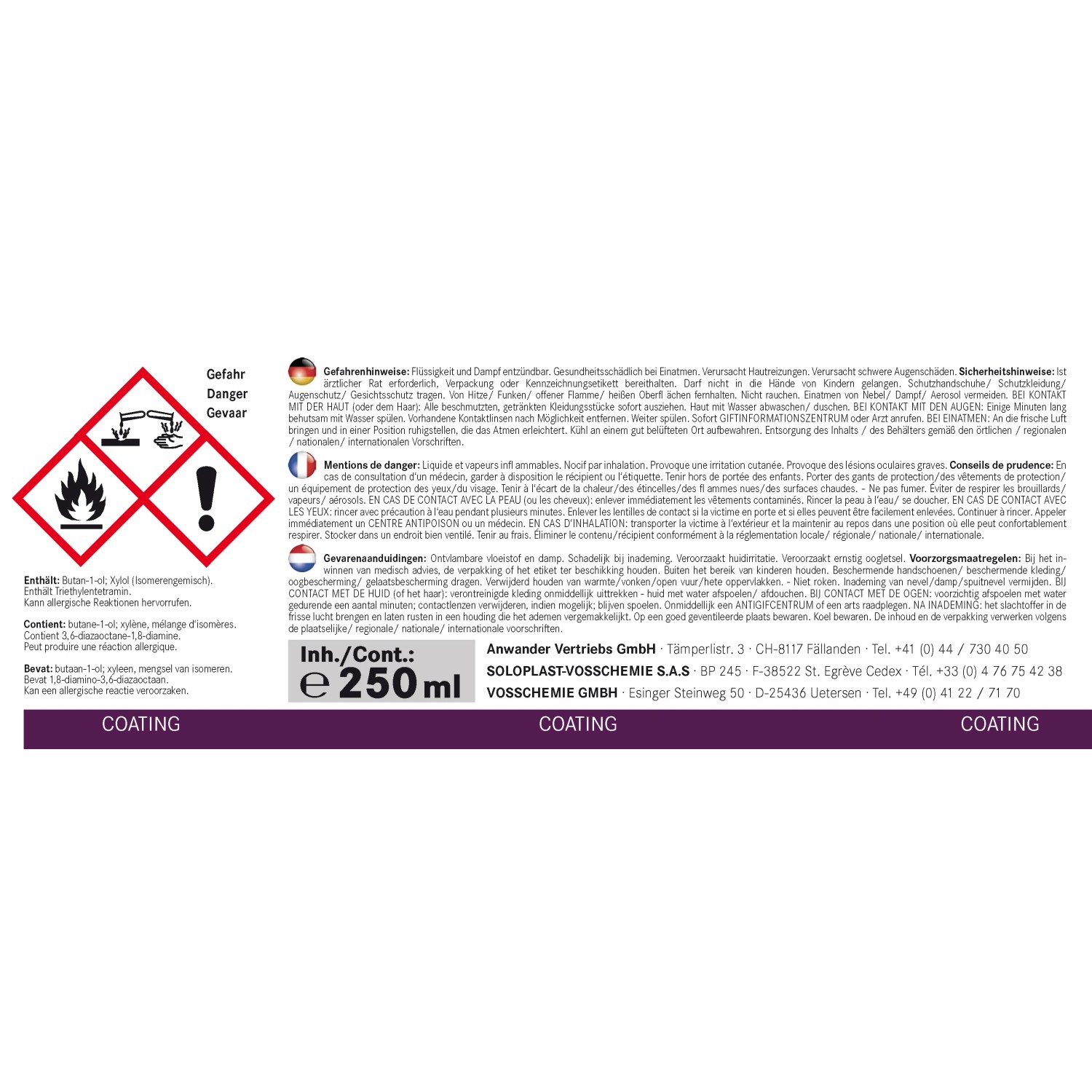Gefahrzeichen auf 250ml Beschichtung: Entzündlich, reizend, gesundheitsschädlich.