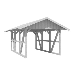Weißer Skan Holz Carport Schwarzwald mit Dachschalung, Fachwerkbauweise.