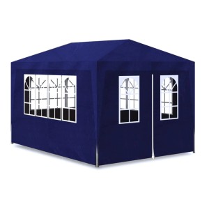 Blaues Partyzelt 3x4 m mit Fenster und Tür für Gartenpartys & Feste.