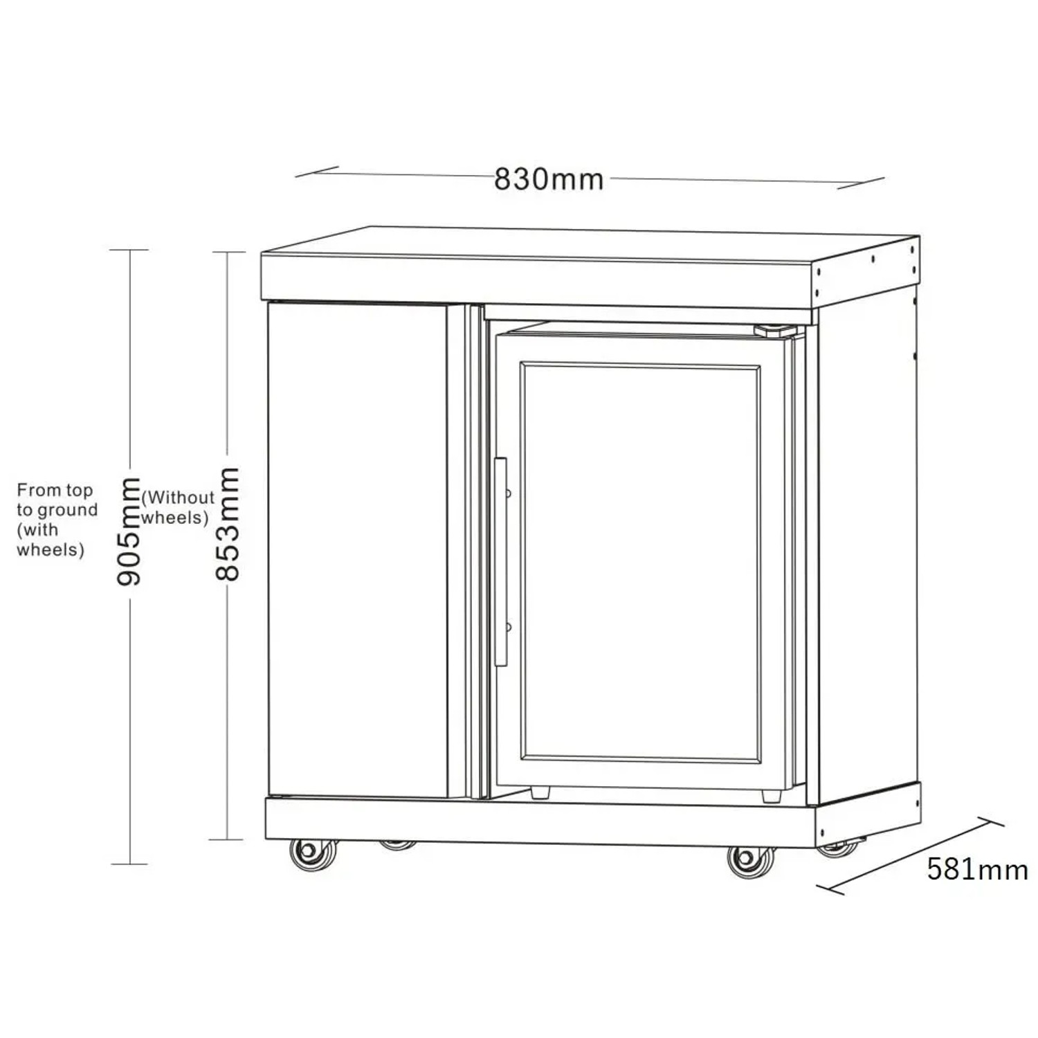 Skizze des MyOutdoorKitchen Moduls mit Kühlschrank und Aufbewahrungsschrank (Edelstahl).