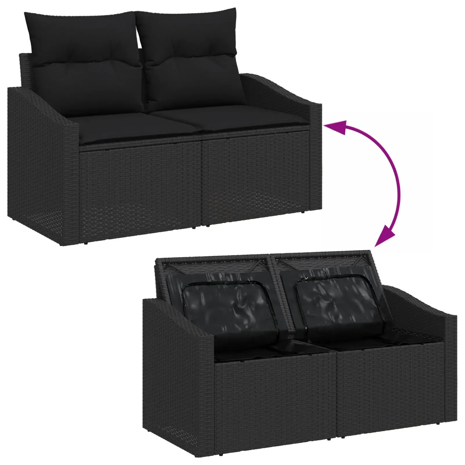 vidaXL Garten-Sofa-Set, 9-teilig, schwarz, Poly Rattan, mit Stauraum unter den Sitzen.