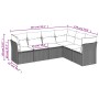 vidaXL Garten-Sofagarnitur, 6-teilig, grau, Poly Rattan, mit Maßangaben.