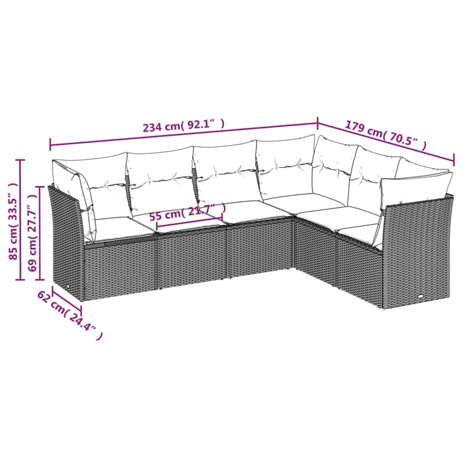 vidaXL Garten-Sofagarnitur, 6-teilig, grau, Poly Rattan, mit Maßangaben.