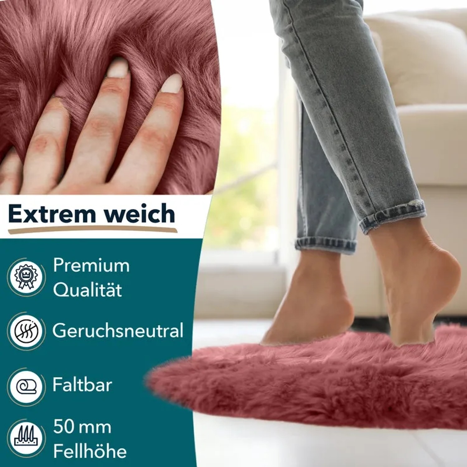 Marsala-farbenes KARAT Schaffell Audrey: Premium Lammfell, vielseitig einsetzbar, mit Hand und Füßen auf dem Fell.