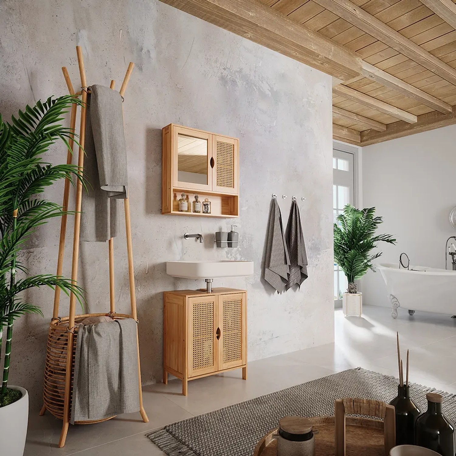 Vicco Waschbeckenunterschrank Liora aus Bambus, 48x60 cm, im Badezimmer.