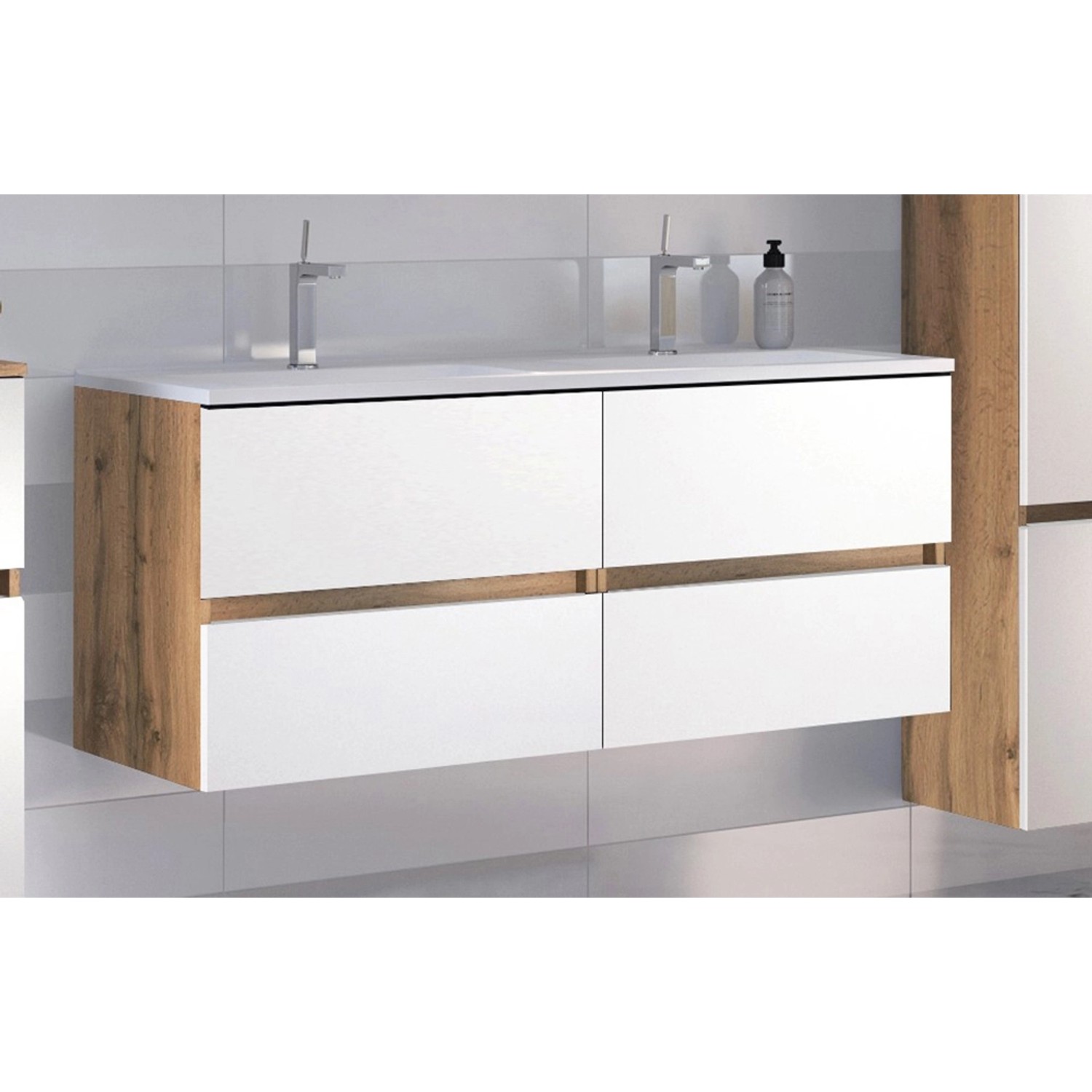 Held Möbel Doppelwaschtisch Bari, 120 cm, Weiß Matt mit Softclose und Holzoptik.