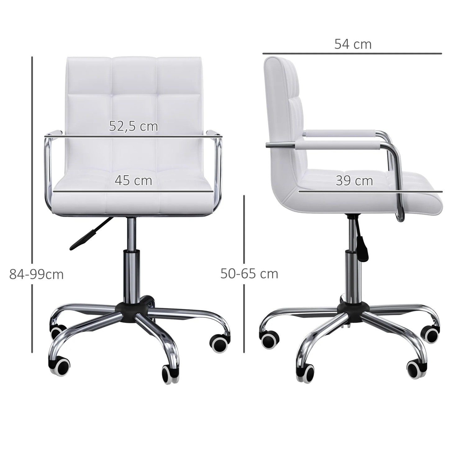 HOMCOM Bürostuhl, weißes Kunstleder, höhenverstellbar, mit Rollen. Ideal für Büro und Home-Office.
