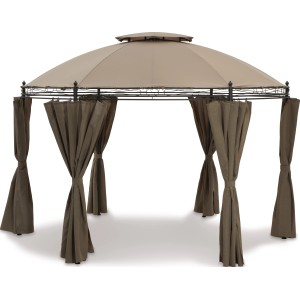 Brauner Pavillon Braga Ø 350 cm mit Seitenteilen und Doppeldach für Garten und Terrasse.