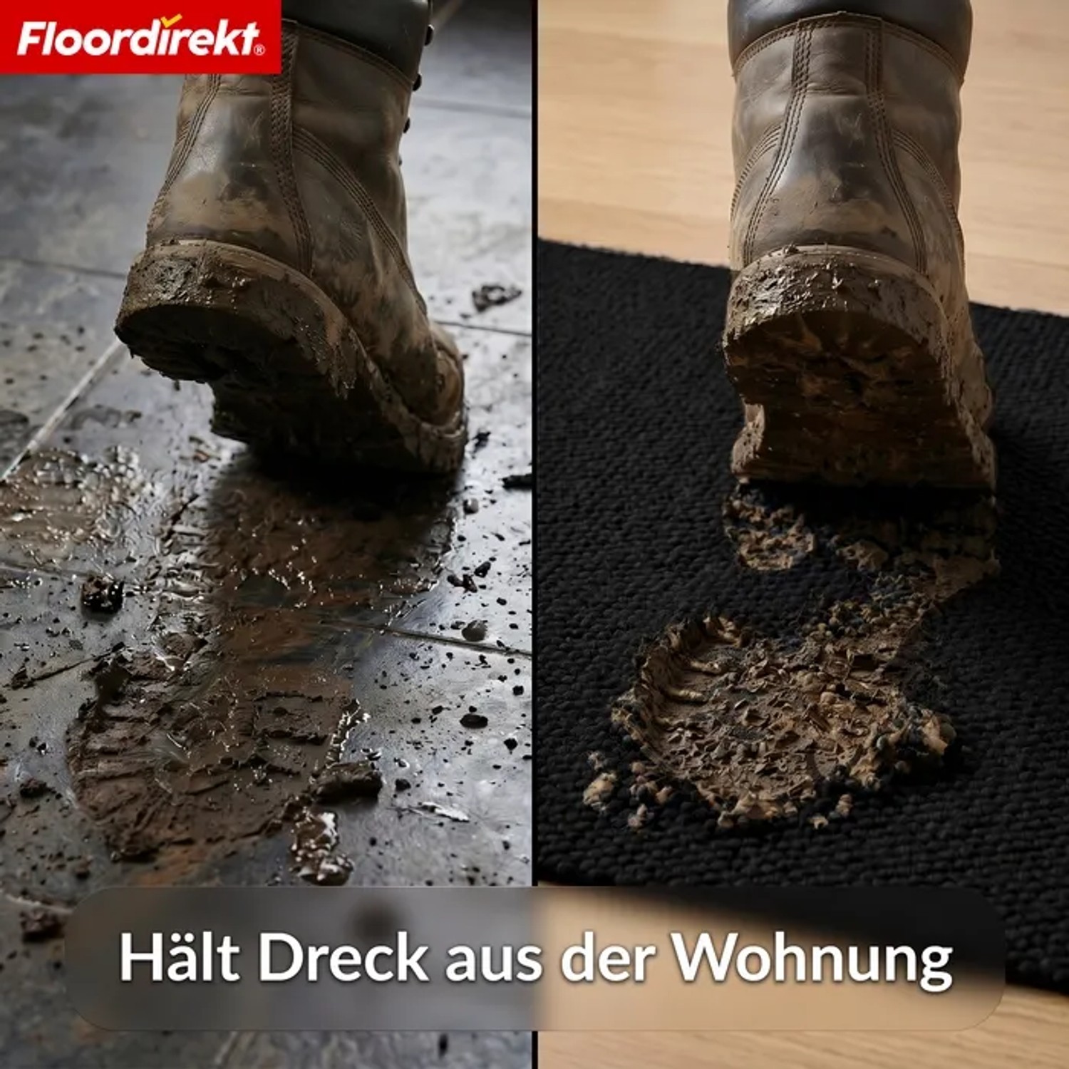 Schwarze Floordirekt Schmutzfangmatte fängt Matsch von Stiefel ab. Hält Eingangsbereich sauber, rutschfest. Fußmatte.