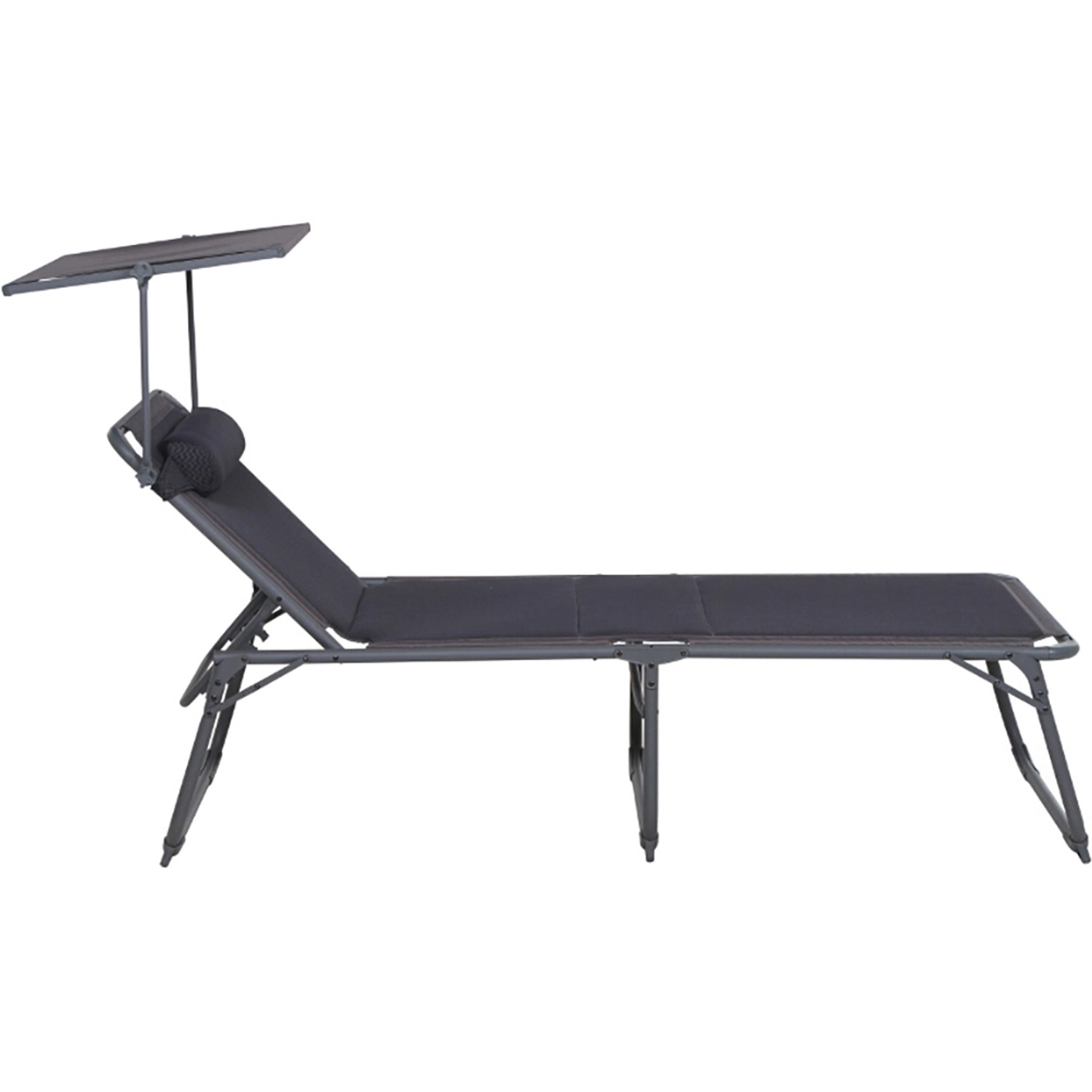 Anthrazitfarbene Siena Garden Campingliege Premium mit Sonnendach und Kopfkissen.