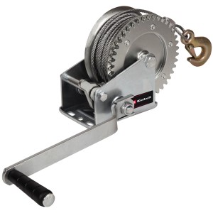Einhell Handseilwinde TC-WI 800 mit Drahtseil, Handkurbel und Lasthaken zum Ziehen von Lasten.
