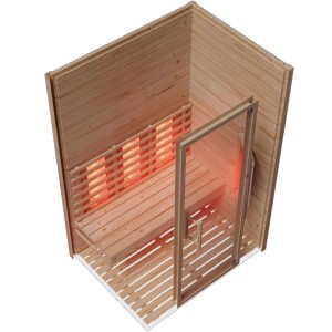 Eilo Infrarotkabine EL 531 aus Fichte, Innenansicht mit Bank und Infrarotstrahler.