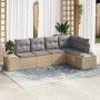 Beiges 5-teiliges vidaXL Garten-Sofa-Set aus Polyrattan mit grauen Kissen.