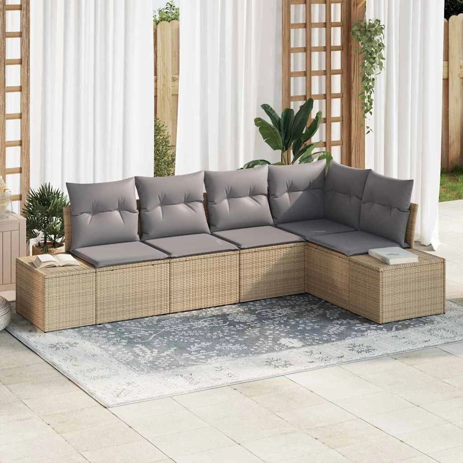 Beiges 5-teiliges vidaXL Garten-Sofa-Set aus Polyrattan mit grauen Kissen.