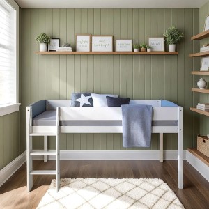Weißes Holz-Hochbett 90x200 mit Leiter, Sicherheitsumrandung und grauen Details für Kinder.