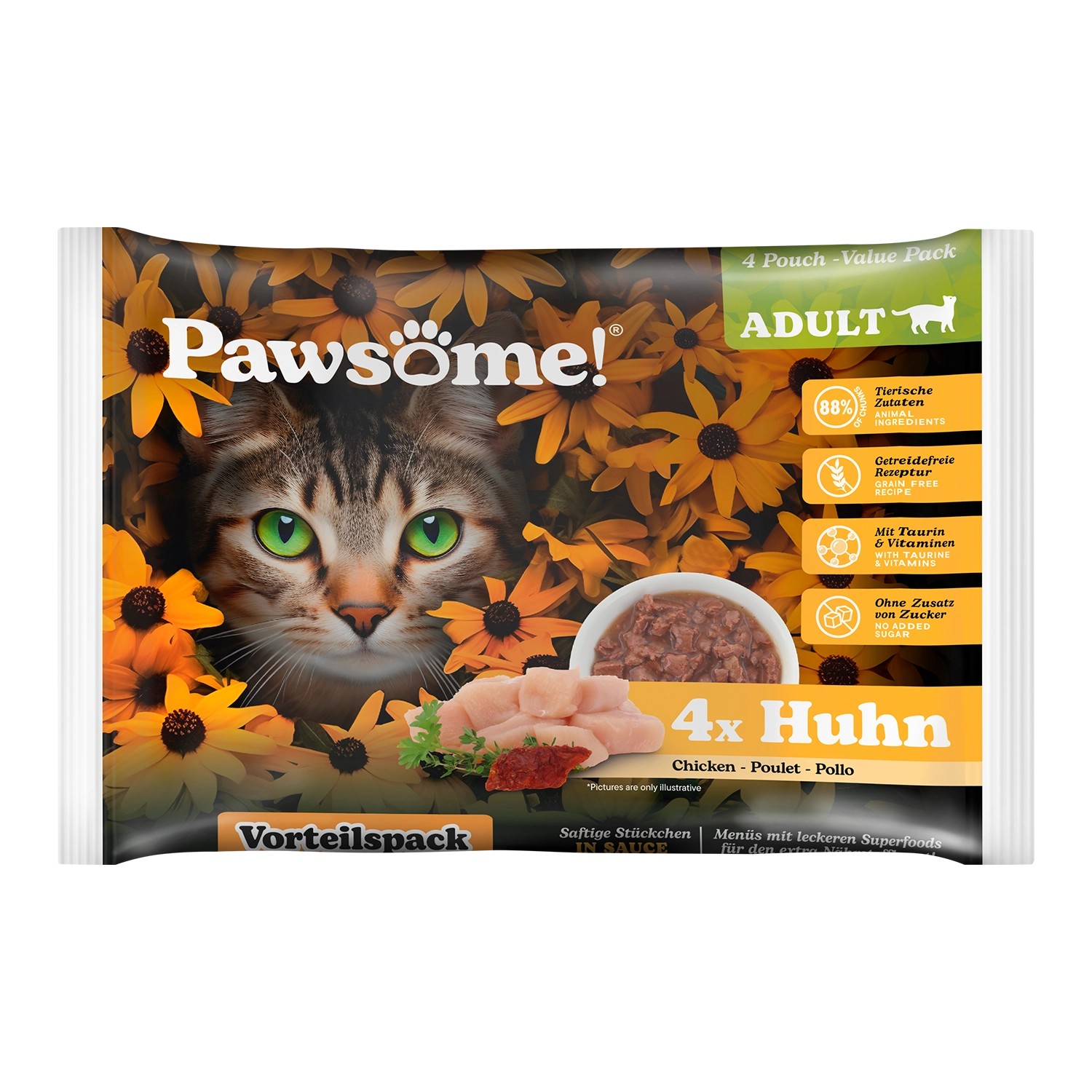 Pawsome Katzen-Nassfutter Adult Huhn 85 g 4er Flowpack