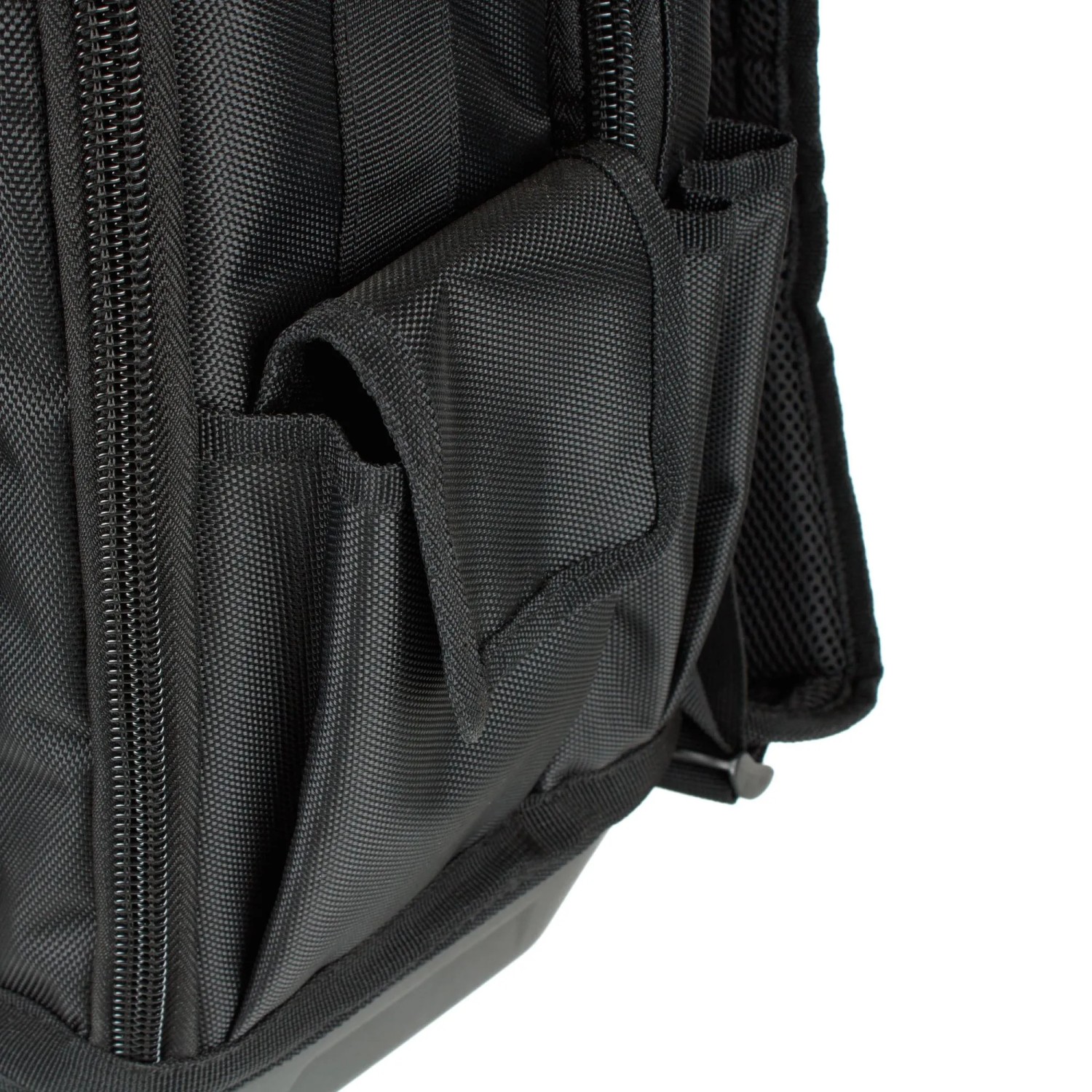 Detailaufnahme: Schwarzer Mephisto Werkzeugrucksack Dragon mit Seitentasche.