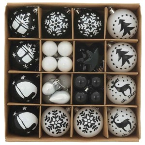 vidaXL Weihnachtskugeln, 40-teiliges Set in Schwarz und Weiß mit verschiedenen Motiven.