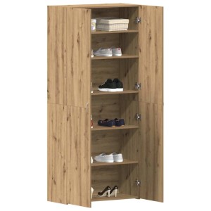 Brauner vidaXL Schuhschrank mit Regal, aus Holzwerkstoff, mit offenen Türen und Schuhen.