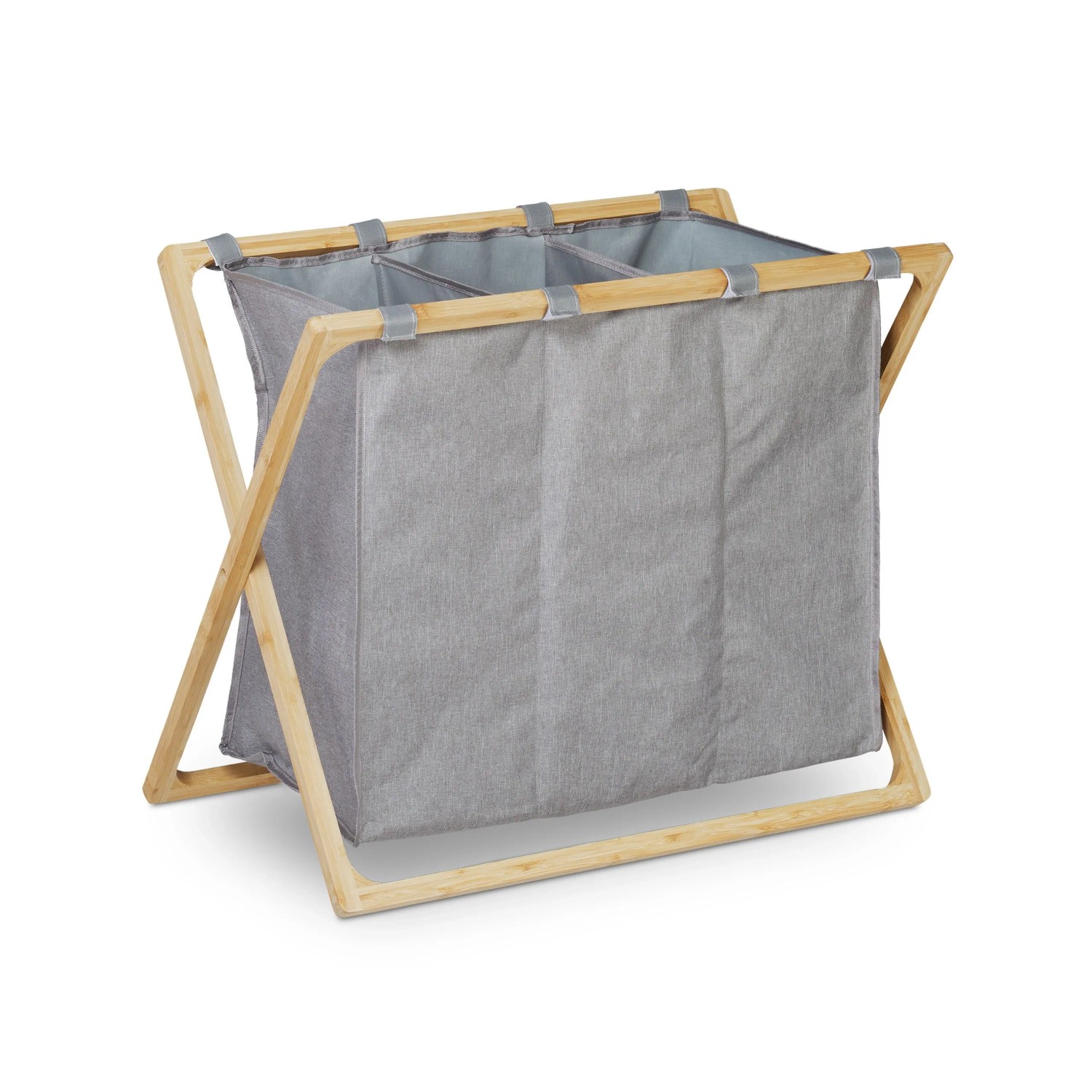 Relaxdays Wäschesortierer 3 Fächer Bambus Grau Klappbar 57,5 cm x 69 cm x 38 cm 1,6 kg