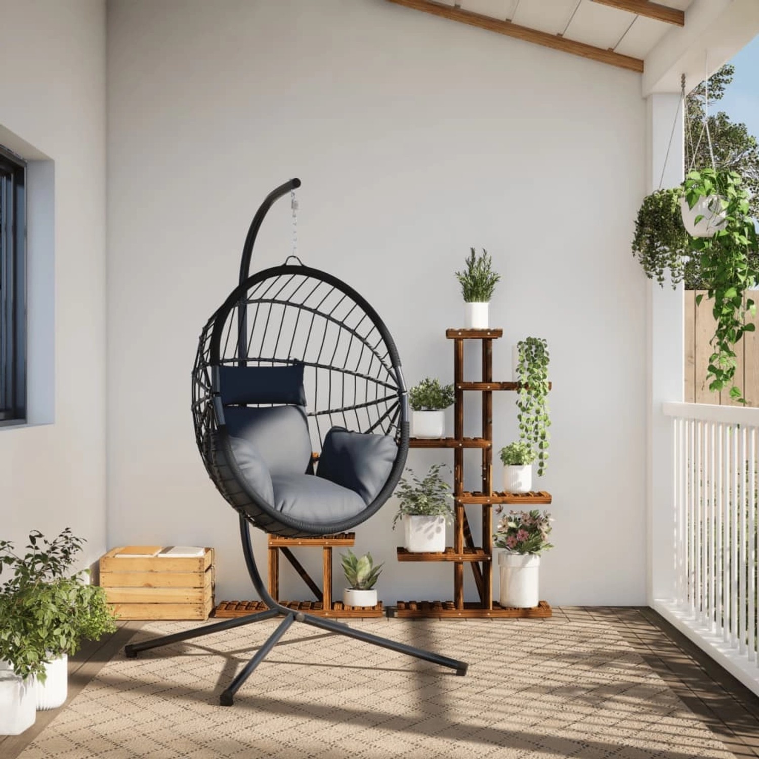 Hellgrauer vidaXL Hängesessel Ei-Design mit Stahlgestell und Rattan für entspannte Stunden.