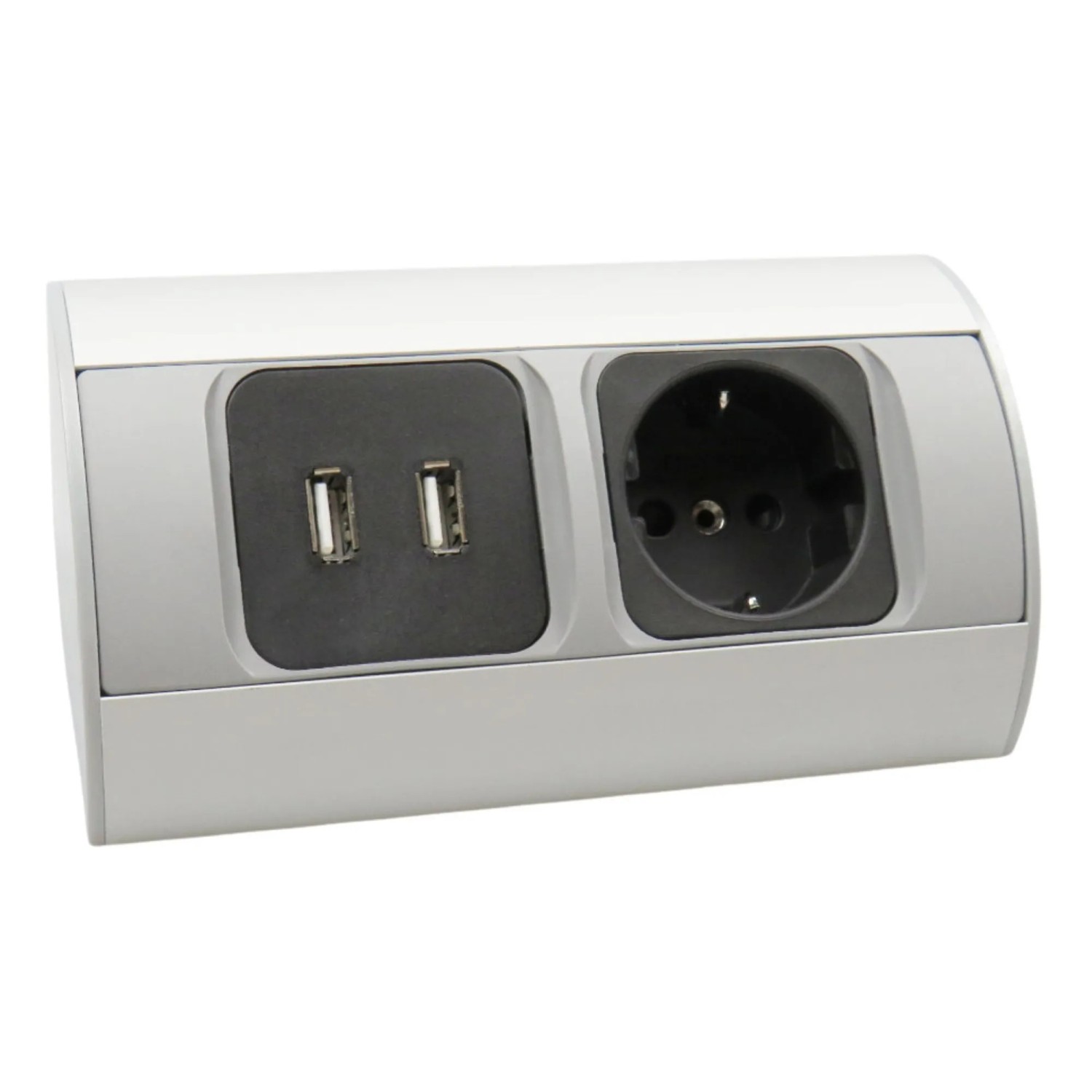 kalb Ecksteckdosenleiste 2 Fach zur Montage 1x 230V 2x USB Kabel ohne Stecker Silber Schwarz