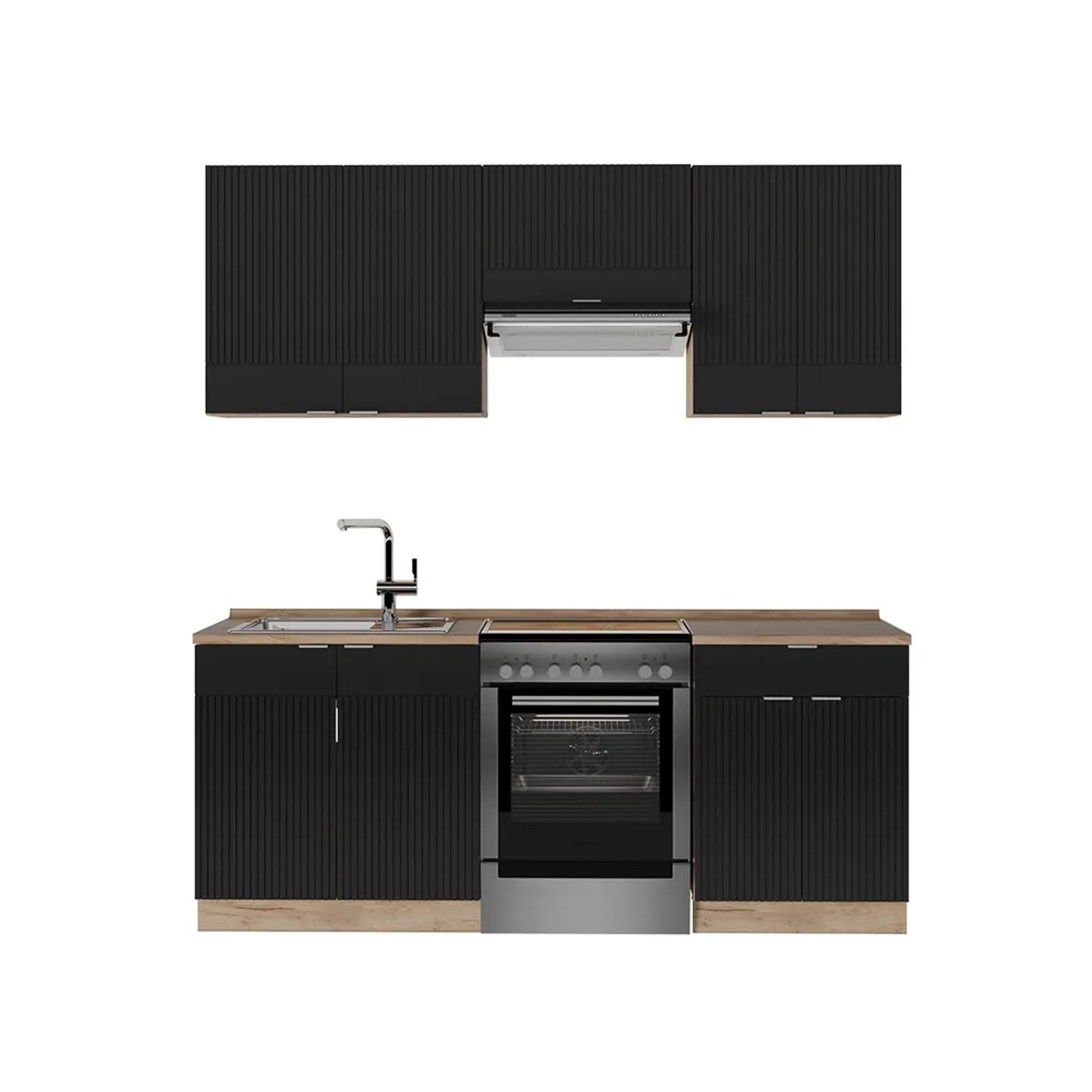 Vicco Fame-Line Küchenzeile Schwarz gestreift/Goldkraft Eiche 200 cm AP Eiche ohne E-Geräte