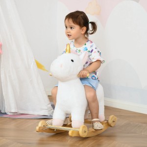 Kind auf weißem HOMCOM Schaukelpferd mit Rädern, 2-in-1 Design.