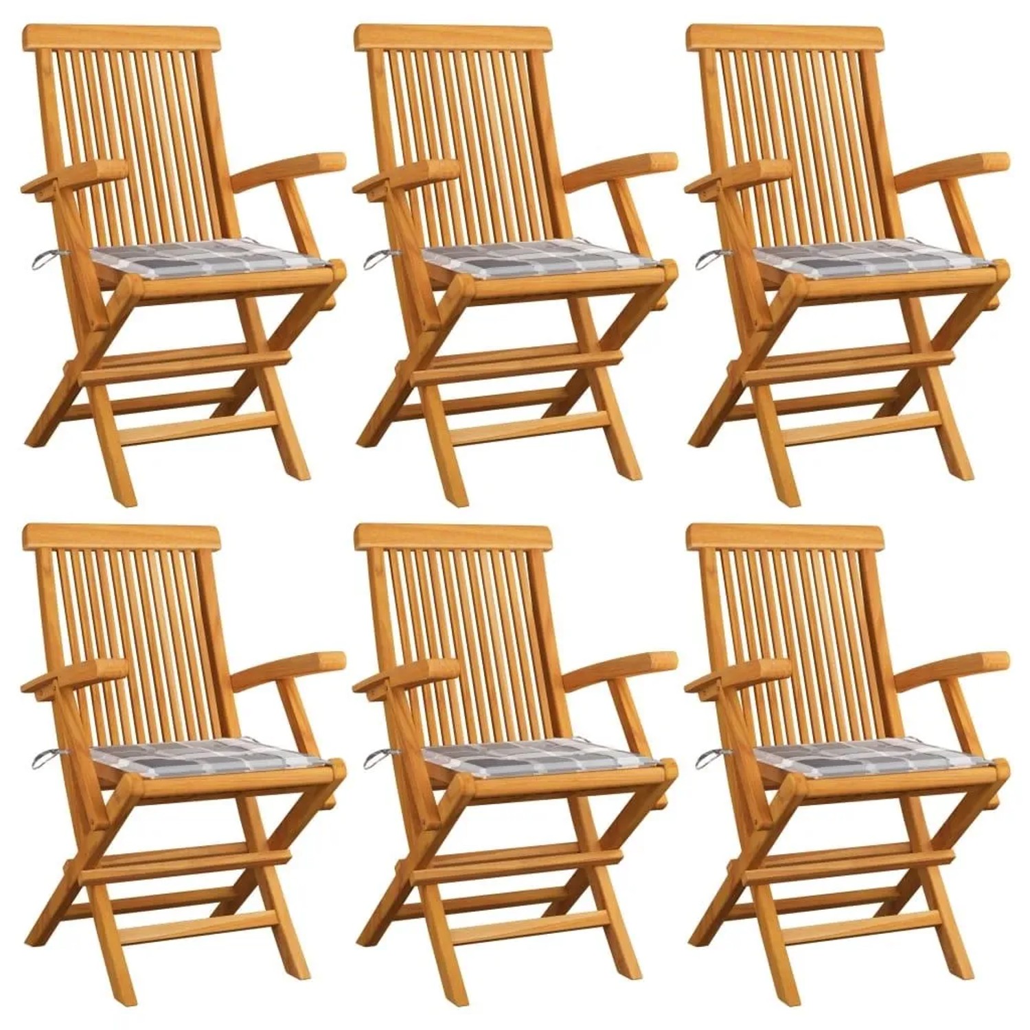vidaXL Gartenstühle Graue Karomuster-Kissen 6 Stk Massivholz Teak 3062555 günstig online kaufen