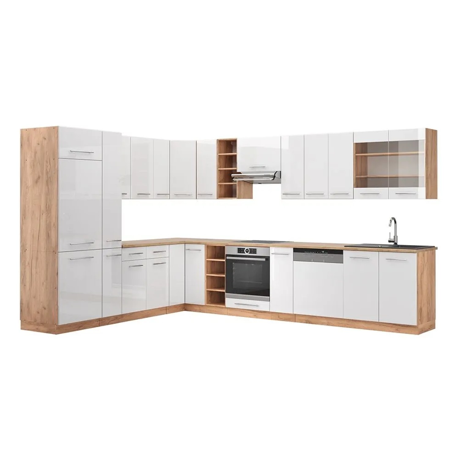 Vicco Eckküche Fame-Line Weiß Hochglanz/Goldkraft Eiche 347 x 82, AP Eiche