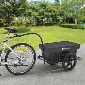 Juskys Fahrradanhänger mit 90L Wanne und Plane, am Fahrrad befestigt. Ideal für Einkäufe und Lasten.