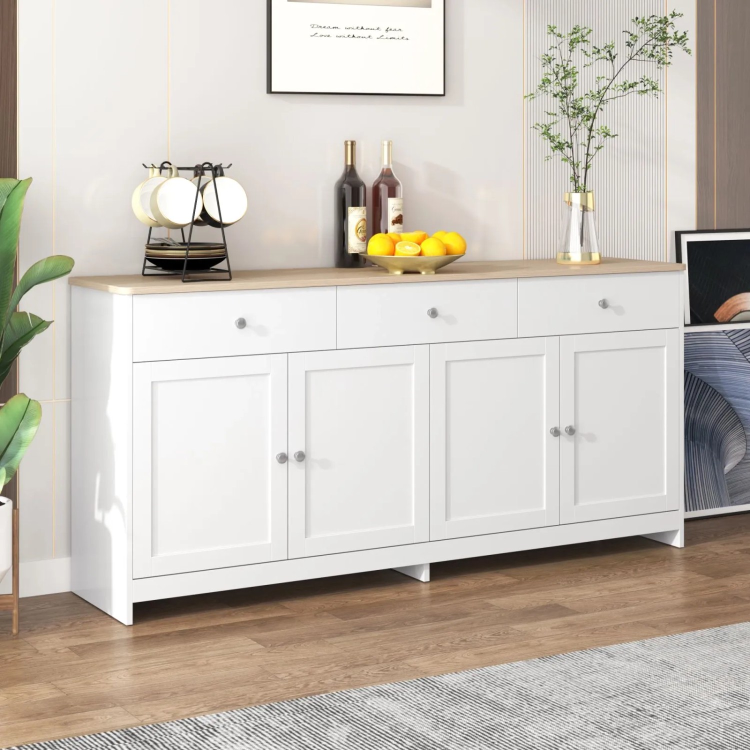 PXloue Sideboard Küchenschrank mit 4 Türen 3 Schubladen fur Wohnzimmer_4