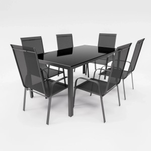 Schwarzes Gartenmöbel-Set: Tisch mit Glasplatte und 6 Stapelsessel.