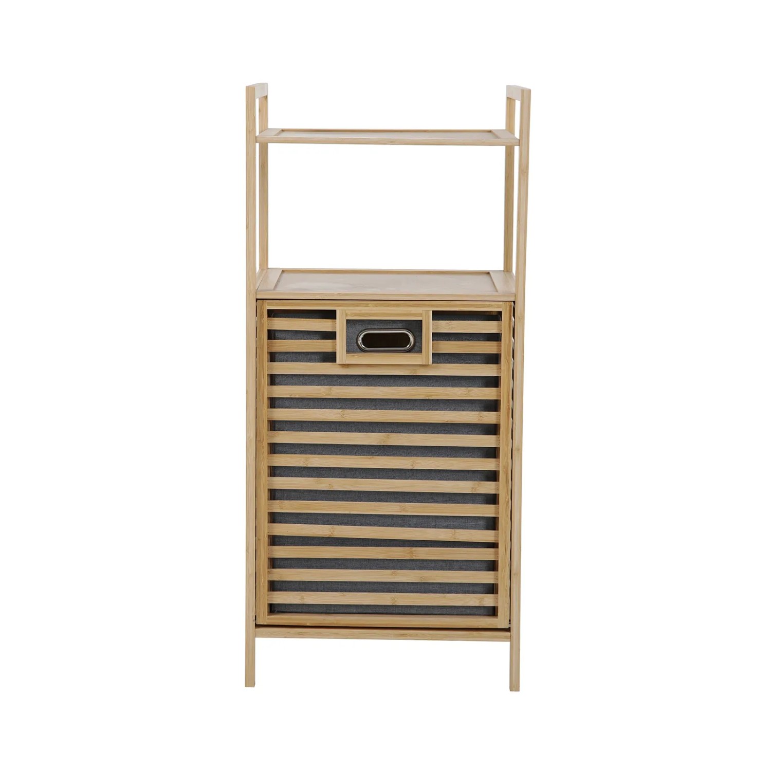 Svita Puvi 2in1 Badregal mit Wäschekorb aus Bambus, zwei Ablagen, natur/grau.