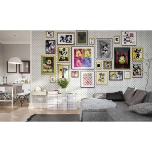 Komar Vlies Fototapete Mickey Art Collection, 400x250 cm, mit vielen Mickey Mouse Motiven im Wohnzimmer.