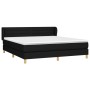 Schwarzes Boxspringbett 180x200 cm mit Matratze und Kopfteil. Stoffbezug, Holzfüße.
