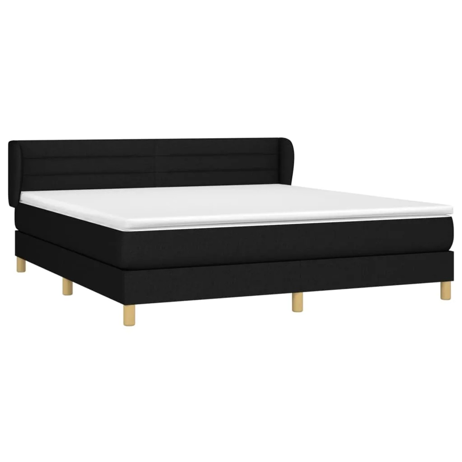 Schwarzes Boxspringbett 180x200 cm mit Matratze und Kopfteil. Stoffbezug, Holzfüße.