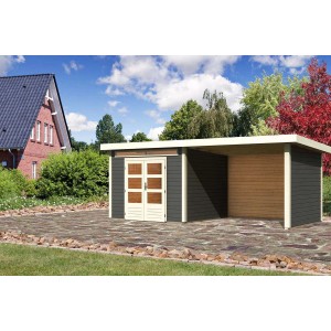 Terragraues Karibu Holz-Gartenhaus Kumla mit Pultdach und Anbau, lackiert, 270x270 cm.