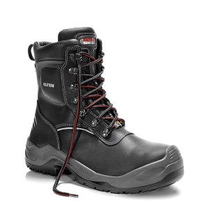 Schwarzer Elten Sicherheitswinterstiefel Joschi ESD S3 CI Gr. 45 aus Leder mit rotem Schnürsenkel.