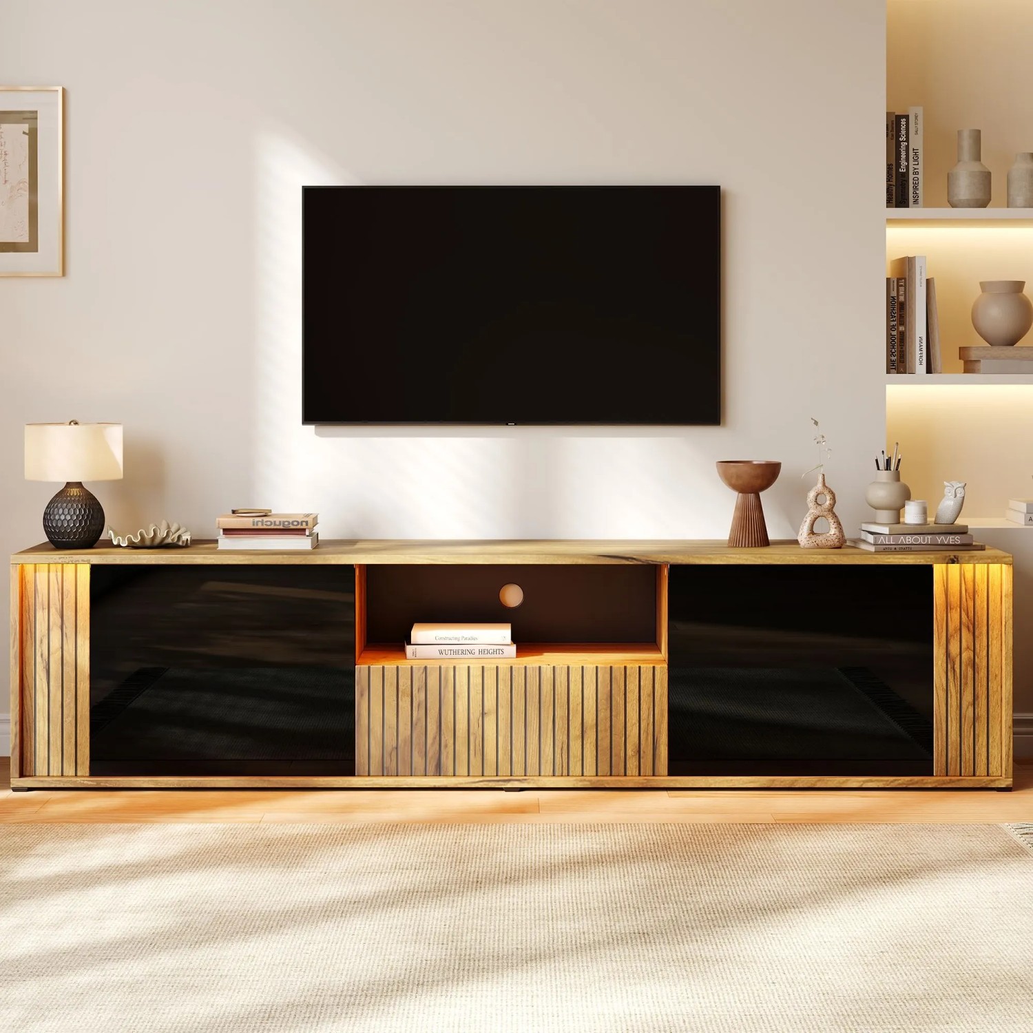 Merax TV Lowboard 180 cm LED 2 Türen 1 Schublade Schwarz Holzoptik