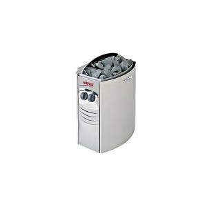 Grauer Harvia Saunaofen aus Edelstahl, gefüllt mit Saunasteinen. Mit Bedienelementen, modernes Saunazubehör 6 kW.