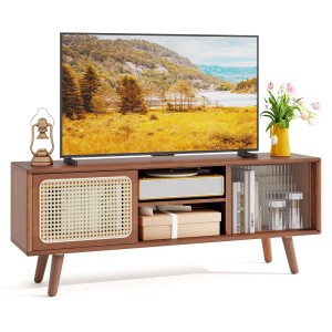 Brauner Bambus TV-Schrank mit Rattan- und gewellter Glasschiebetür. Rustikaler Medienschrank.