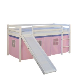 Homestyle4u Hochbett 90x200 mit Vorhang Lattenrost Matratze Rutsche in Weiß 2558