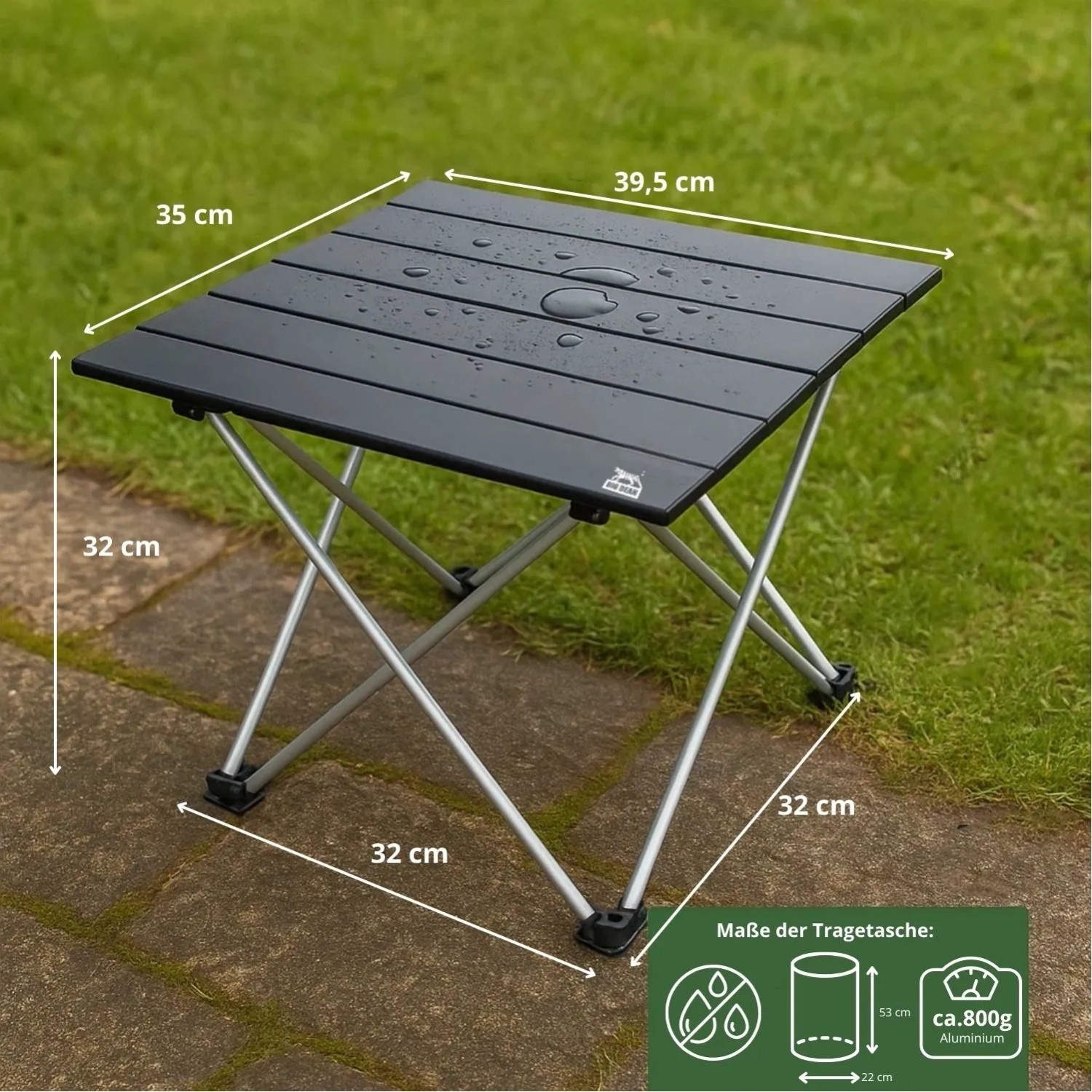Kleiner schwarzer BigDean Campingtisch, faltbar, ultraleicht aus Aluminium, 39,5x35x32 cm, auf Pflastersteinen. Ideal für Camping.
