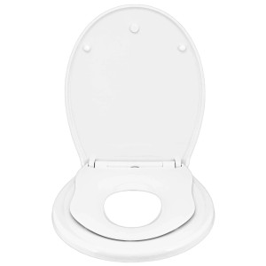 Weißer Banjado Familien WC-Sitz mit integriertem Kindersitz und Absenkautomatik, Motiv Baumwollblüte.