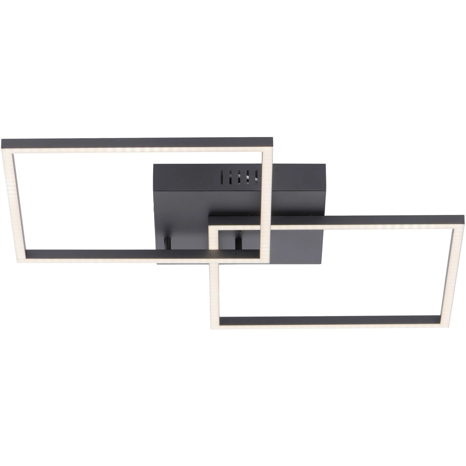 Moderne, schwarze LED-Deckenleuchte Iven von Just Light, 53x53 cm, mit zwei verschlungenen Rechtecken.