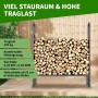 Schwarzes Kaminholzregal aus pulverbeschichtetem Stahl, gefüllt mit Brennholz auf Holzterrasse. 200 kg Traglast.